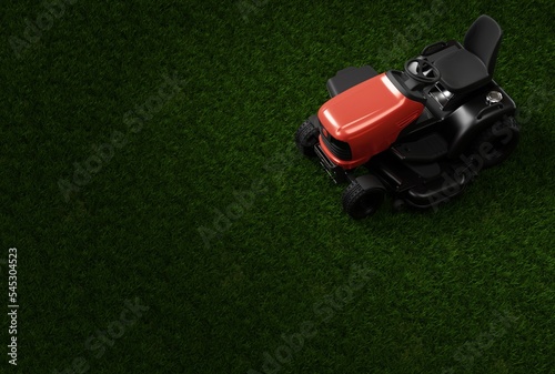 Lawn mower on the grass. The concept of mowing the grass, preparing the grass on the field, garden. Petrol mower on the grass. 3D render, 3D illustration.