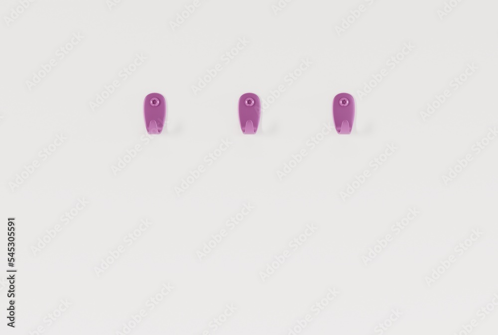 Hangers on a light wall. Minimalist concept, hanging towels, clothes on hangers. 3D render, 3D illustration.