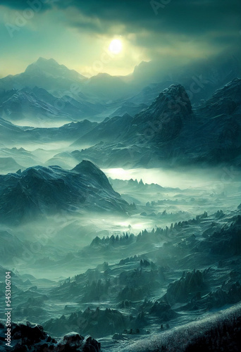 Beautiful fantasy rpg game book Mountain Landscape by Digital, Photorealistic, Matte Painting, intricate detail, Fantasy,