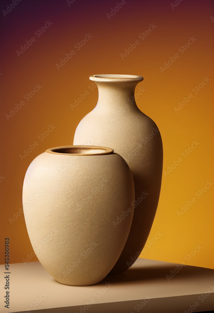 minimal design decoration of clay vase,white candle,pampas grass on natural stone podium, copy space