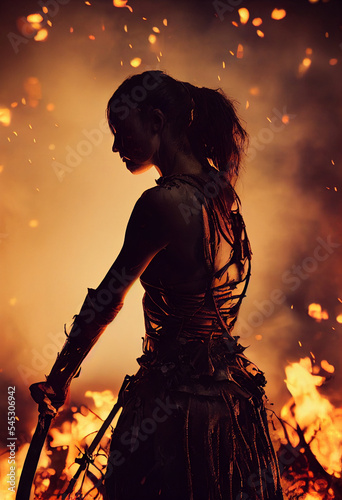 a beautiful woman warrior after a battle with zombies, fire, smoke, rubble,, ai art generated