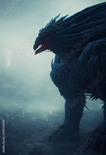 giant beast above city, giant kaiju, creature concept, kaiju, golem, sci-fi monster, movie frame, ai generated art