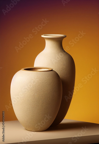 minimal design decoration of clay vase,white candle,pampas grass on natural stone podium, copy space
