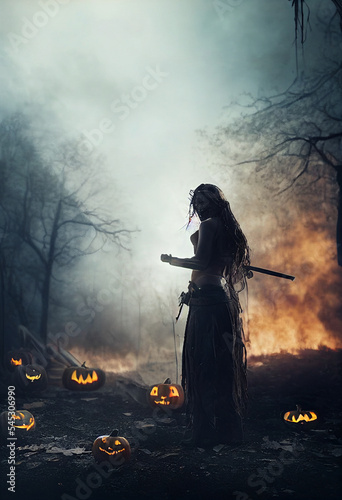 Fotografia, Obraz a beautiful woman warrior after a battle with zombies, fire, smoke, rubble,, ai