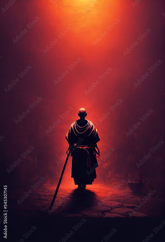Fototapeta premium ascetic monk samurai android, The Darkest Dungeon. vfx, postprocessing, wide perspective, dramatic lights, dust particles, ultra detailed, micro details, grand composition, cinematic.ai generated art