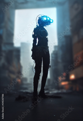 gorgeous cyberpunk woman wearing tech-wire attire as cinematic and photo realistic character design, dynamic pose, alluring, mechanical features anatomical,, ai generated art © Banana Images