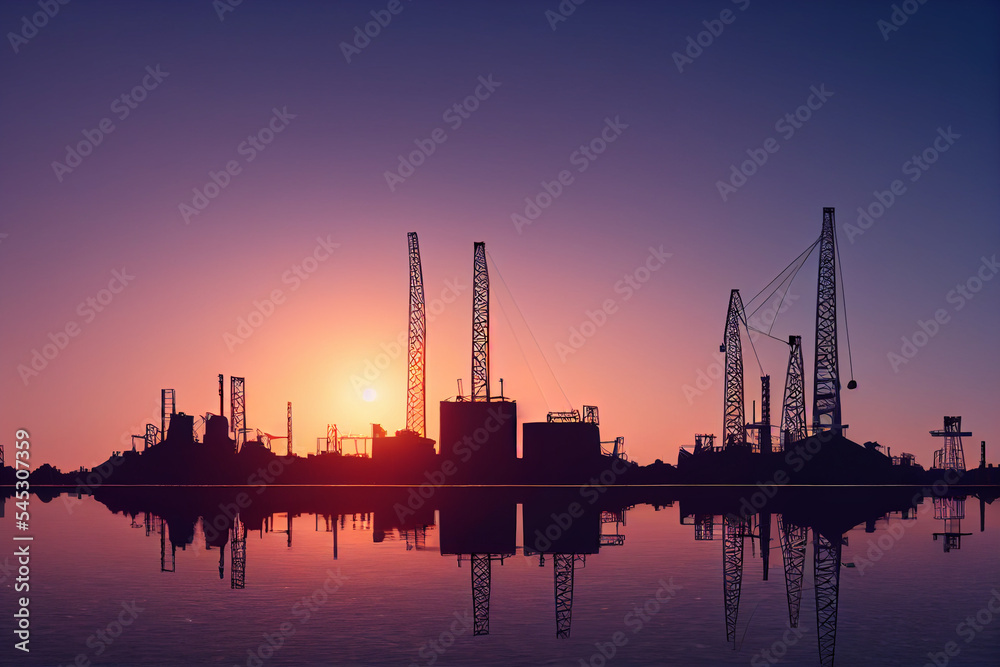 big oil rig at dawn on a clear day panoramic, beautiful, green energy clean concept, save the world.