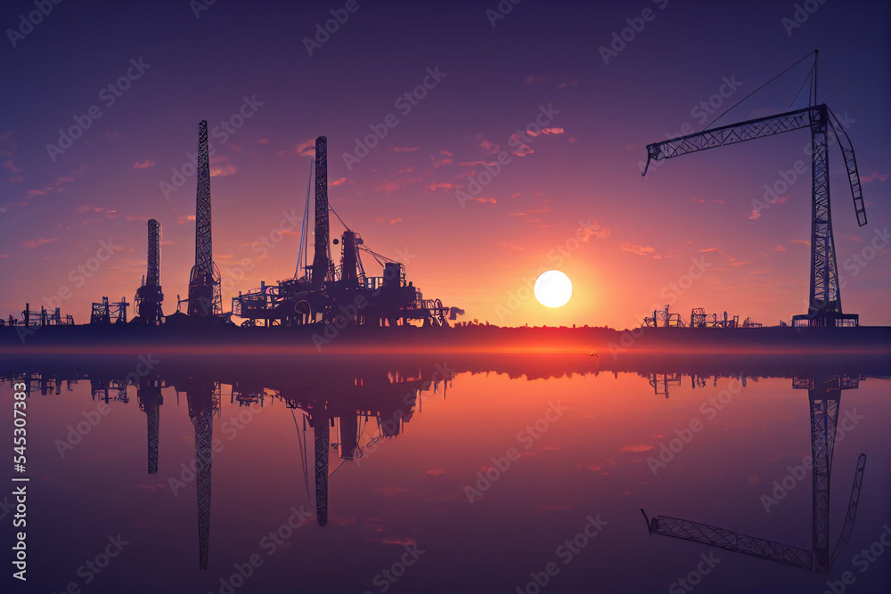 big oil rig at dawn on a clear day panoramic, beautiful, green energy clean concept, save the world.