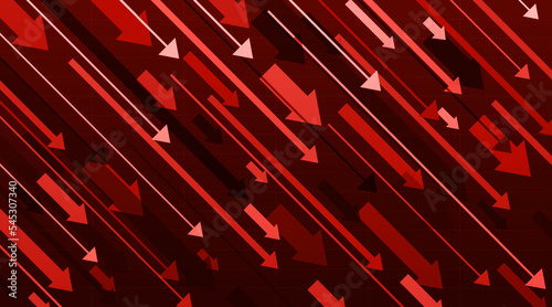 Various sizes of red arrows go down. The concept of the financial crash.