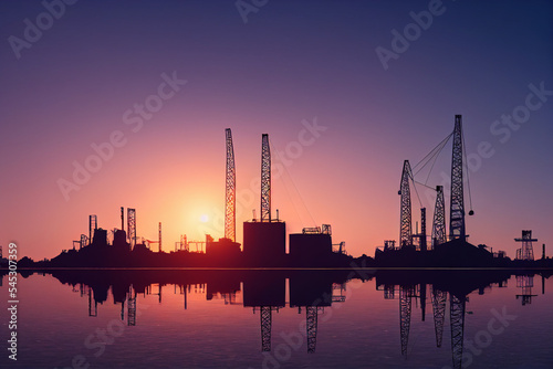 big oil rig at dawn on a clear day panoramic, beautiful, green energy clean concept, save the world.