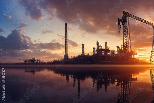 big oil rig at dawn on a clear day panoramic, beautiful, green energy clean concept, save the world.