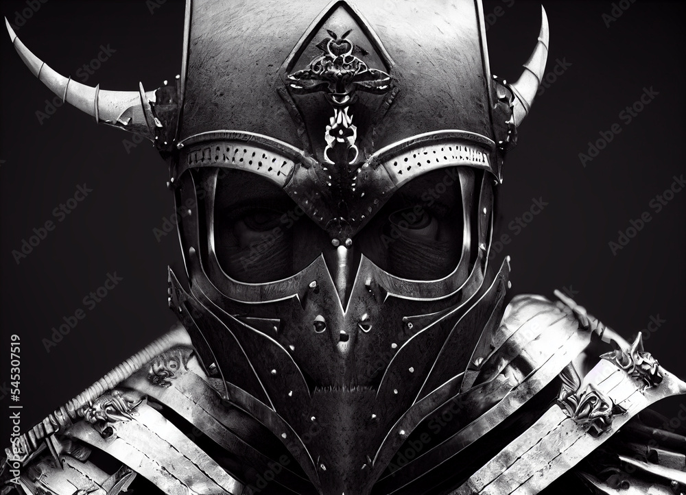 fierce medieval armored knight, engraved skeletal teeth on armored mask ...