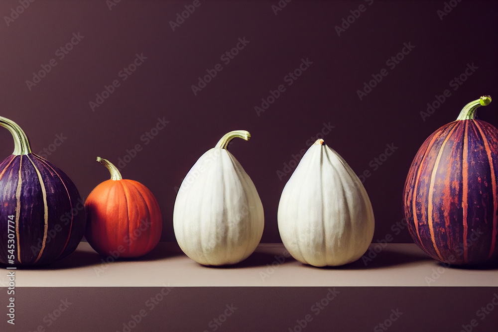 Obraz premium different gourd colours and shapes side by side on a studio minimal photoshoot, dark background