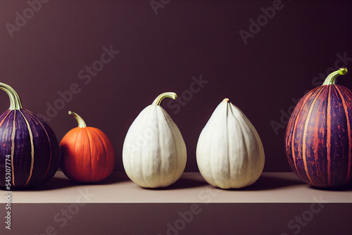 different gourd colours and shapes side by side on a studio minimal photoshoot, dark background