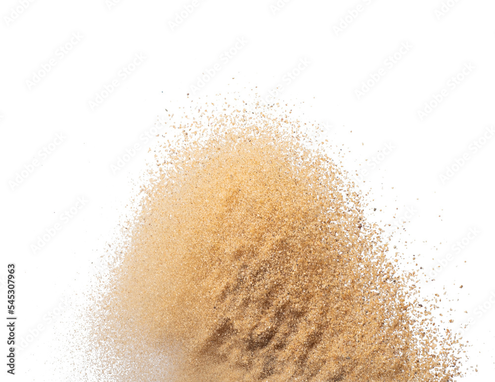 Sand flying explosion, Golden sand wave explode. Abstract sands cloud fly. Yellow colored sand splash throwing in Air. White background Isolated high speed shutter, throwing freeze stop motion, png