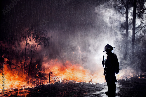 firefighter silhouette in the rain with a fire and smoke in the background, portrait, epic scene