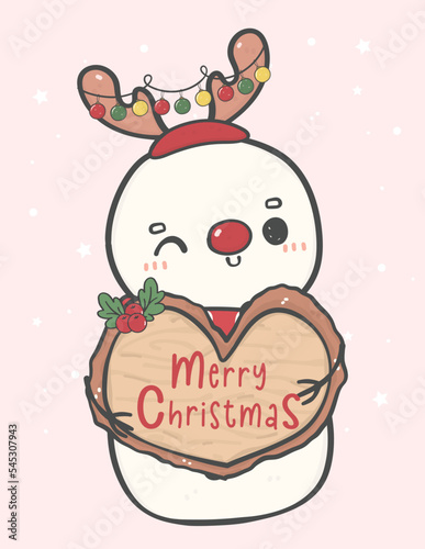 cute happy Christmas snowman adorned with reindeer antler holding wooden board sign heart shape Merry Christmas doodle cartoon drawing vector, idea for greeting card.