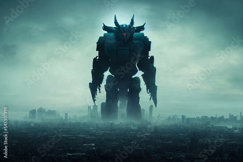 Photo giant beast above city, giant kaiju, creature concept, kaiju, golem, sci-fi mons