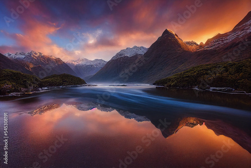 Epic New Zealand landscape, Fiordland national park,Beautiful lighting,Volumetric lighting,mountains © Banana Images