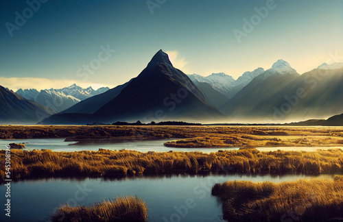 Epic New Zealand landscape, Fiordland national park,Beautiful lighting,Volumetric lighting,mountains