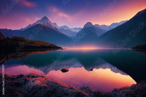 Photographie Epic New Zealand landscape, Fiordland national park,Beautiful lighting,Volumetri