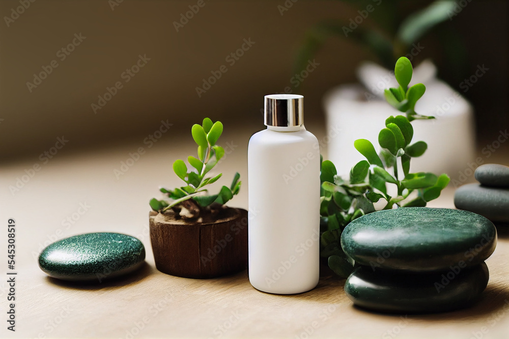 Relax composition massage stone, white pump lotion bottle,green plant on pine wood table, spa, clean