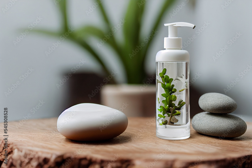 Relax composition massage stone, white pump lotion bottle,green plant on pine wood table, spa, clean Relax composition massage stone, white pump lotion bottle,green plant on pine wood table, spa, clean