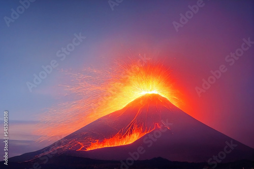 Illustration of a violently erupting cone volcano in evening light with copy space and bold  bright colors. Generated graphic