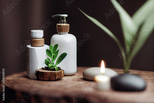 Relax composition massage stone, white pump lotion bottle,green plant on pine wood table, spa, clean