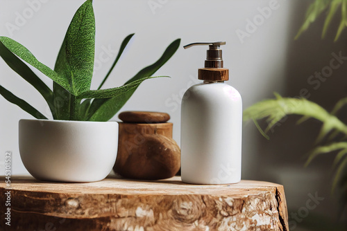 Relax composition massage stone, white pump lotion bottle,green plant on pine wood table, spa, clean