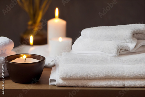Natural relaxing spa composition  massage table in wellness center with towels jasmine flowers salt