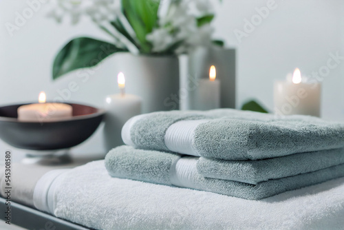 Natural relaxing spa composition  massage table in wellness center with towels jasmine flowers salt