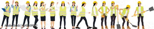 Hand-drawn set of female workers with helmets and vests. Vector flat style illustration isolated on white. Full length view