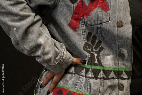 female activist revolution northern African heritage political rights fashion denim jacket custom designer hand painter clothing