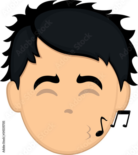 vector illustration of the face of a cartoon man whistling with musical notes on his lips