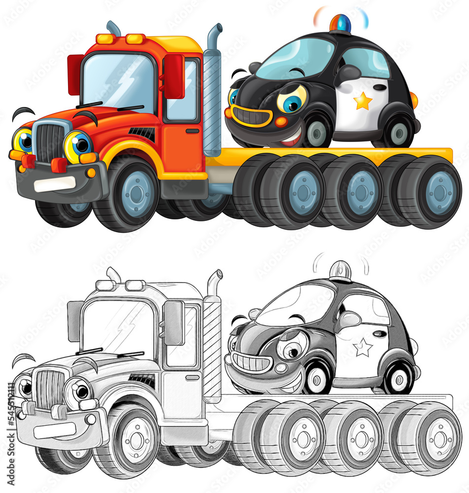 cartoon tow truck driving with load other car isolated cartoon tow truck driving with load other car isolated