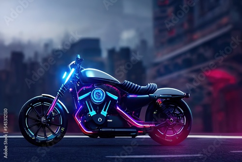 Fotografiet Spectacular digital art 3D illustration of a cyberpunk rider on a future bike or cruiser with a vivid and glowing neon light