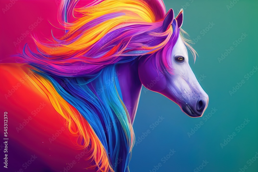 Spectacular modern abstract painting of a rainbow horse with a great haircut and horse mane