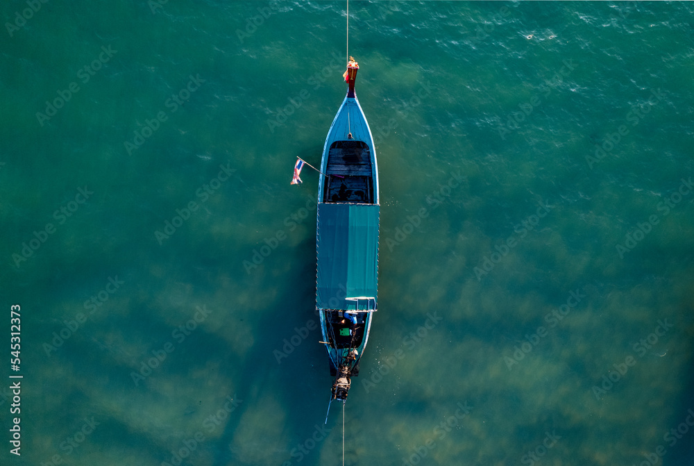 Obraz premium Aerial view of long tail boats in Thailand
