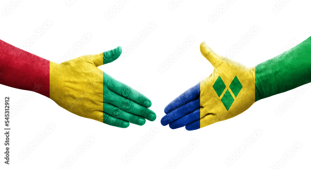 Handshake between Saint Vincent Grenadines and Guinea flags painted on hands, isolated transparent image.