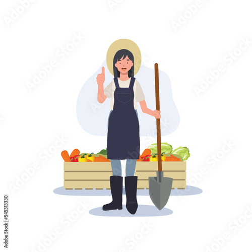 Farmer giving thumb up sign. There are box of vegetables nearby. Flat vector cartoon character illustration.