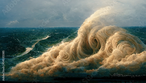 Spectacular scenery of gigantic tsunami-like wave at sea and devastating strong storm. Digital art 3D illustration seascape with massive tidal massive wave. photo