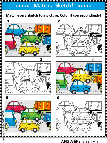Match to sketch game or visual puzzle with cars and trucks on the road, high traffic. Answer included.
