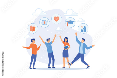 Employee benefits and compensation for staff advantage, reward or bonus payment to motivate employee concept, business people with benefits, scholarship, bonus, flat vector modern illustration