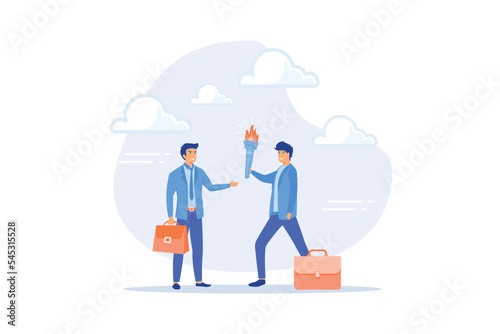 Successor plan, baton pass or transfer to new chosen leader, change new CEO or collaboration to achieve goal and win business competition concept, flat vector modern illustration