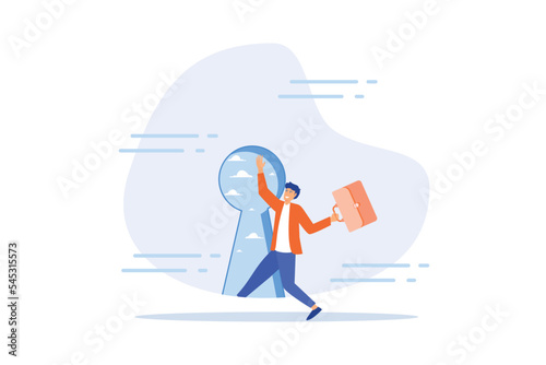 Life changing secret door, key to success or step to see new opportunity, courage or business challenge, get out to see outside concept, flat vector modern illustration