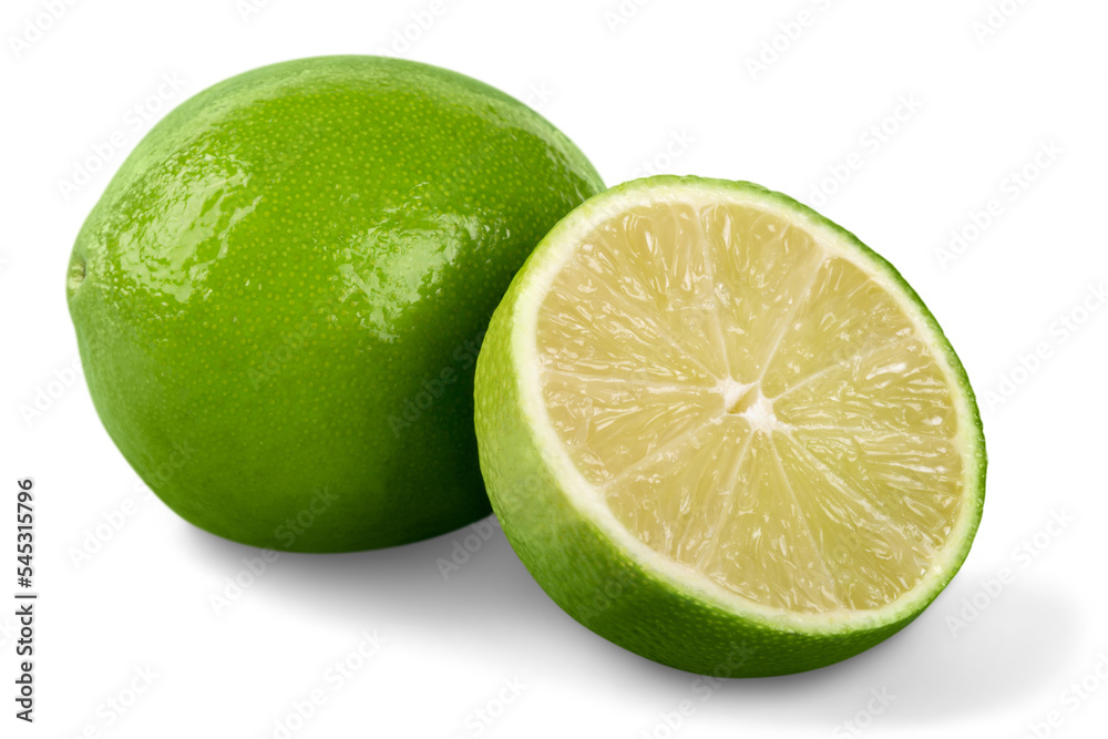 Fresh lime and slice, Isolated on white background Fresh lime and slice, Isolated on white background