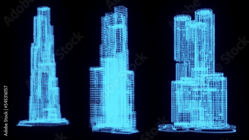 3D rendering illustration Building blueprint glowing neon hologram futuristic show technology security for premium product business finance transportation 