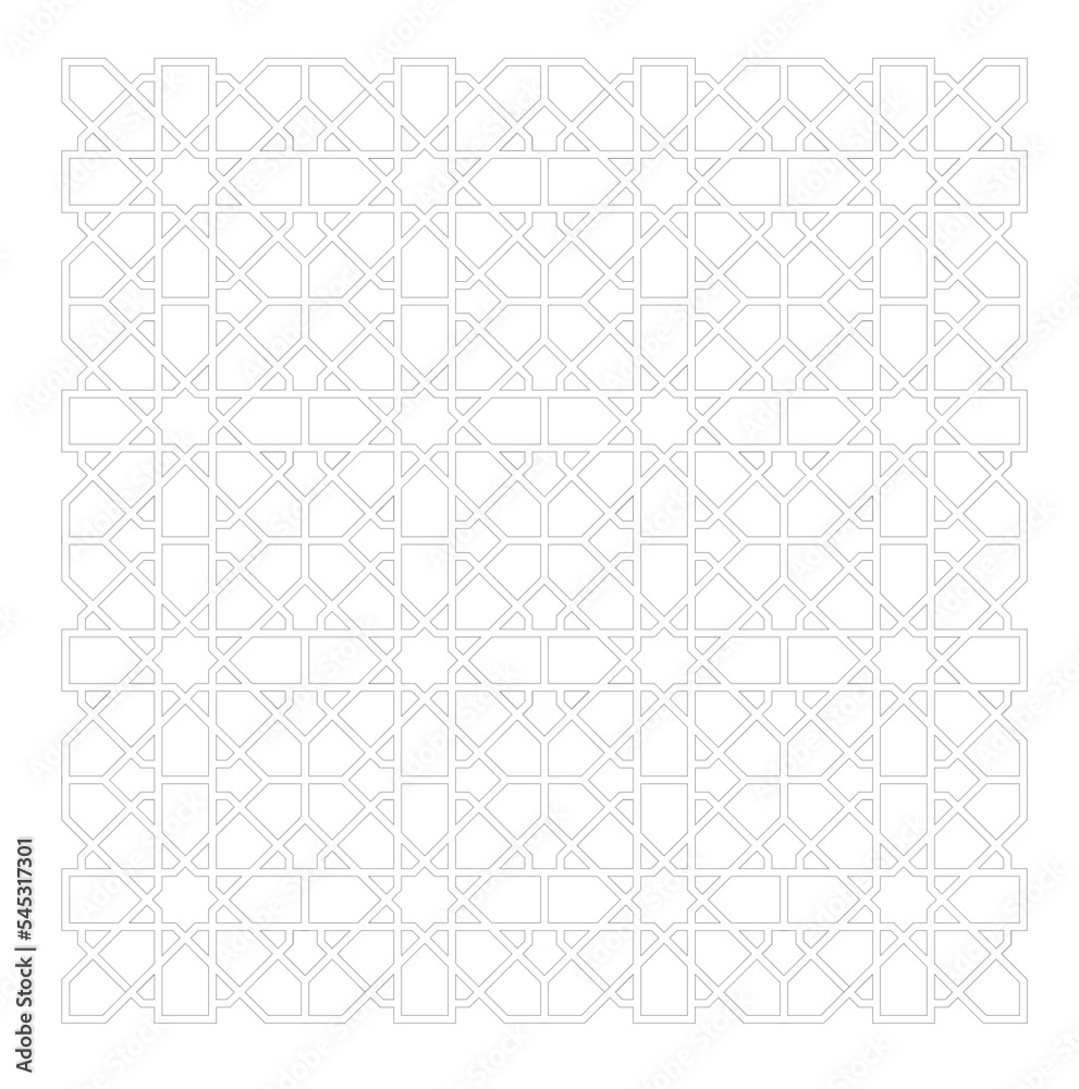 2D CAD drawing of Islamic geometric pattern. Islamic patterns use elements of geometry that are repeated in their designs. The pattern is drawn in black and white. 
