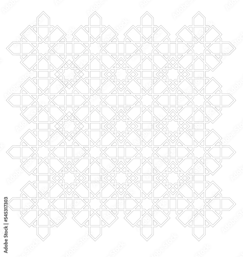 2D CAD drawing of Islamic geometric pattern. Islamic patterns use elements of geometry that are repeated in their designs. The pattern is drawn in black and white. 
